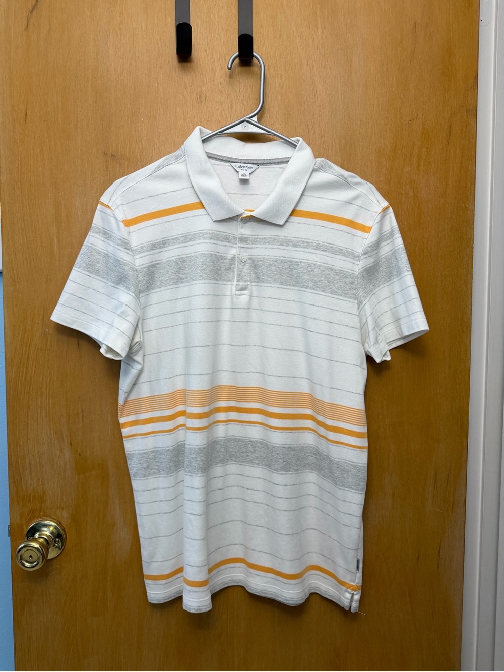 Calvin Klein White Polo with Orange & Light Gray Stripes